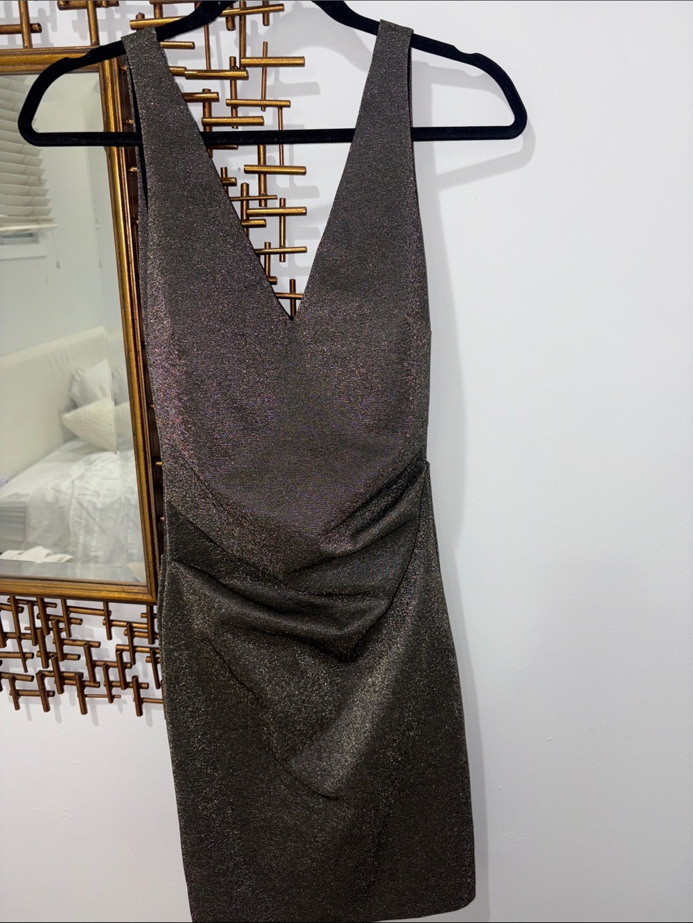 Nicole Miller Metallic Charcoal Sleeveless V-Neck Mini Dress